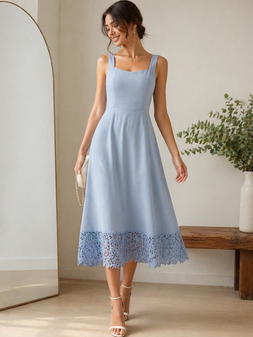 Light Blue Midi Dress with Lace Hem